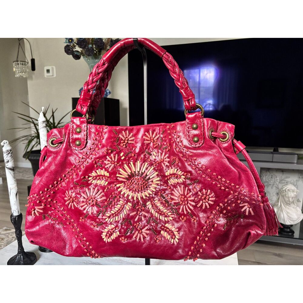 Isabella Fiore Rare Vintage Bohemian Floral Embroidered Leather Handbag